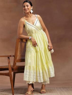 women ethnic motifs embroidered tiered chikankari kurta with trousers 1
