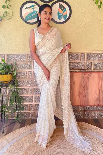Off white off white embellished sequinned  georgette saree