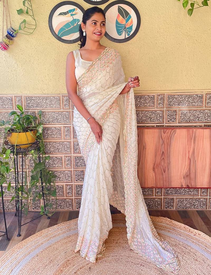 Off white off white embellished sequinned  georgette saree