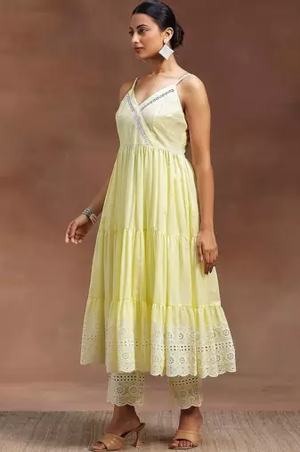women ethnic motifs embroidered tiered chikankari kurta with trousers