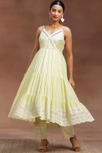 women ethnic motifs embroidered tiered chikankari kurta with trousers