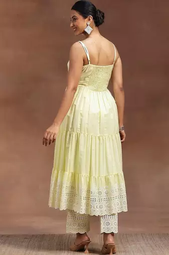 women ethnic motifs embroidered tiered chikankari kurta with trousers