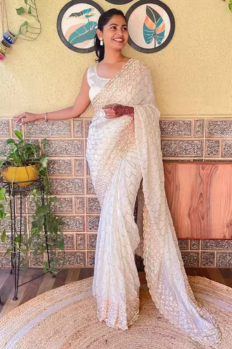 Off white off white embellished sequinned  georgette saree