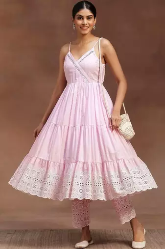 women ethnic motifs embroidered tiered chikankari kurta with trousers