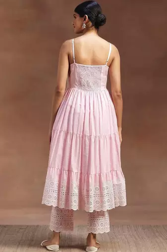 women ethnic motifs embroidered tiered chikankari kurta with trousers