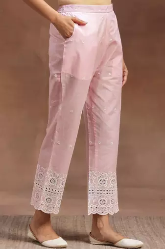 women ethnic motifs embroidered tiered chikankari kurta with trousers