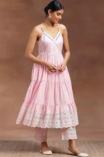women ethnic motifs embroidered tiered chikankari kurta with trousers