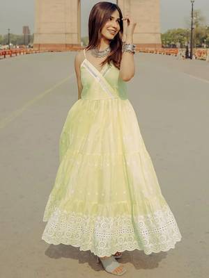 womens yellow self design cotton anarkali kurta with trousers 1