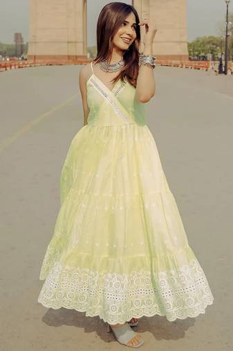 womens yellow self design cotton anarkali kurta with trousers