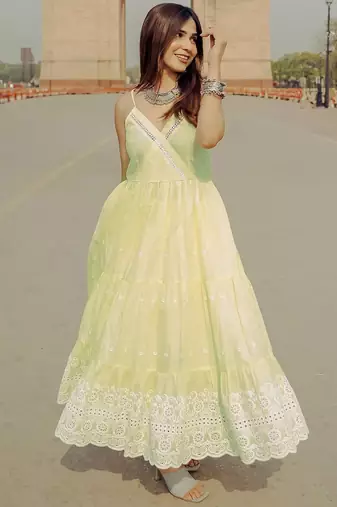 womens yellow self design cotton anarkali kurta with trousers