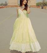 womens yellow self design cotton anarkali kurta with trousers