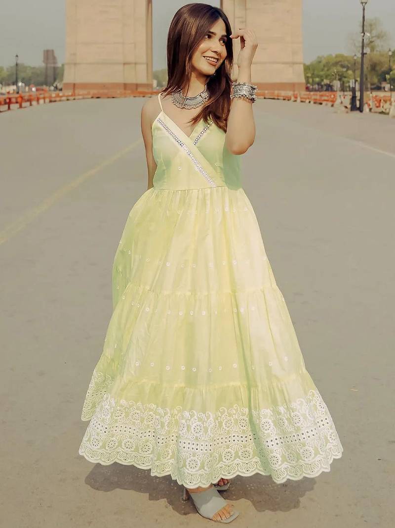 womens yellow self design cotton anarkali kurta with trousers