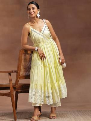 womens yellow self design cotton anarkali kurta with trousers 2
