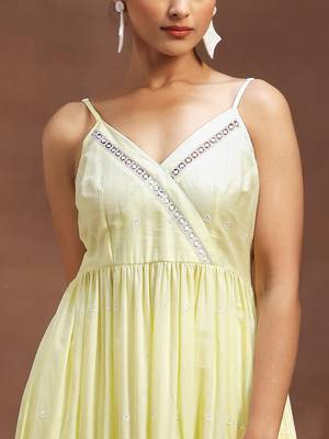 womens yellow self design cotton anarkali kurta with trousers 3