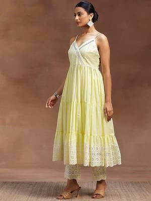 womens yellow self design cotton anarkali kurta with trousers 4