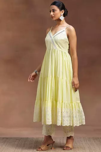 womens yellow self design cotton anarkali kurta with trousers
