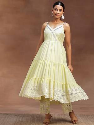 womens yellow self design cotton anarkali kurta with trousers 5