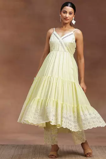 womens yellow self design cotton anarkali kurta with trousers