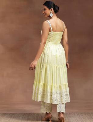 womens yellow self design cotton anarkali kurta with trousers 6