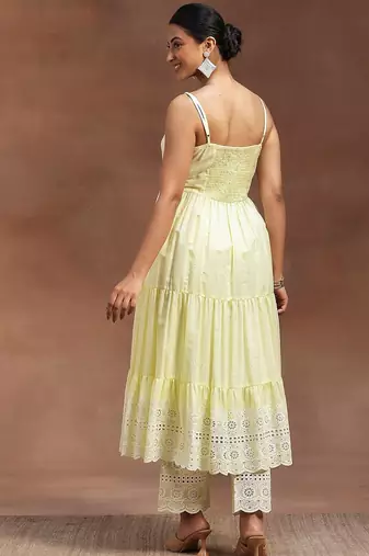 womens yellow self design cotton anarkali kurta with trousers