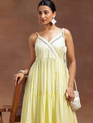 womens yellow self design cotton anarkali kurta with trousers 7