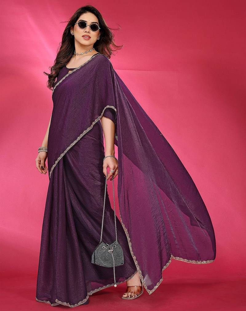 Purple embellished beads and stones border saree