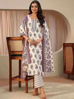 off white paisley printed cotton blend straight suit set 1