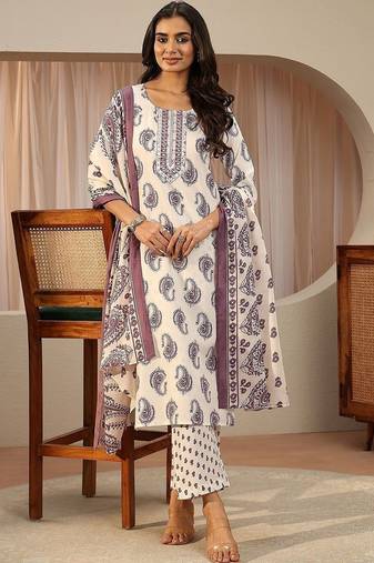 off white paisley printed cotton blend straight suit set