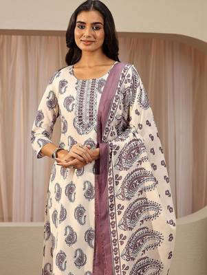 off white paisley printed cotton blend straight suit set 2