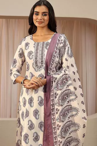 off white paisley printed cotton blend straight suit set