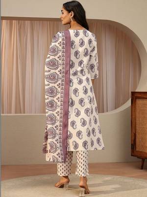 off white paisley printed cotton blend straight suit set 3