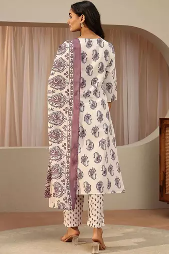 off white paisley printed cotton blend straight suit set