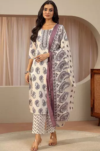 off white paisley printed cotton blend straight suit set