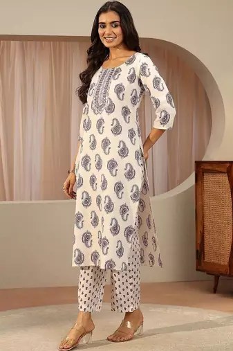 off white paisley printed cotton blend straight suit set