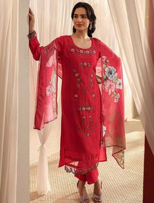 red floral embroidered straight suit set with dupatta 1