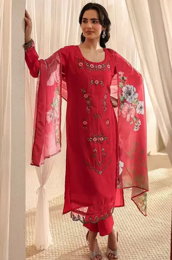 red floral embroidered straight suit set with dupatta
