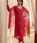 red floral embroidered straight suit set with dupatta