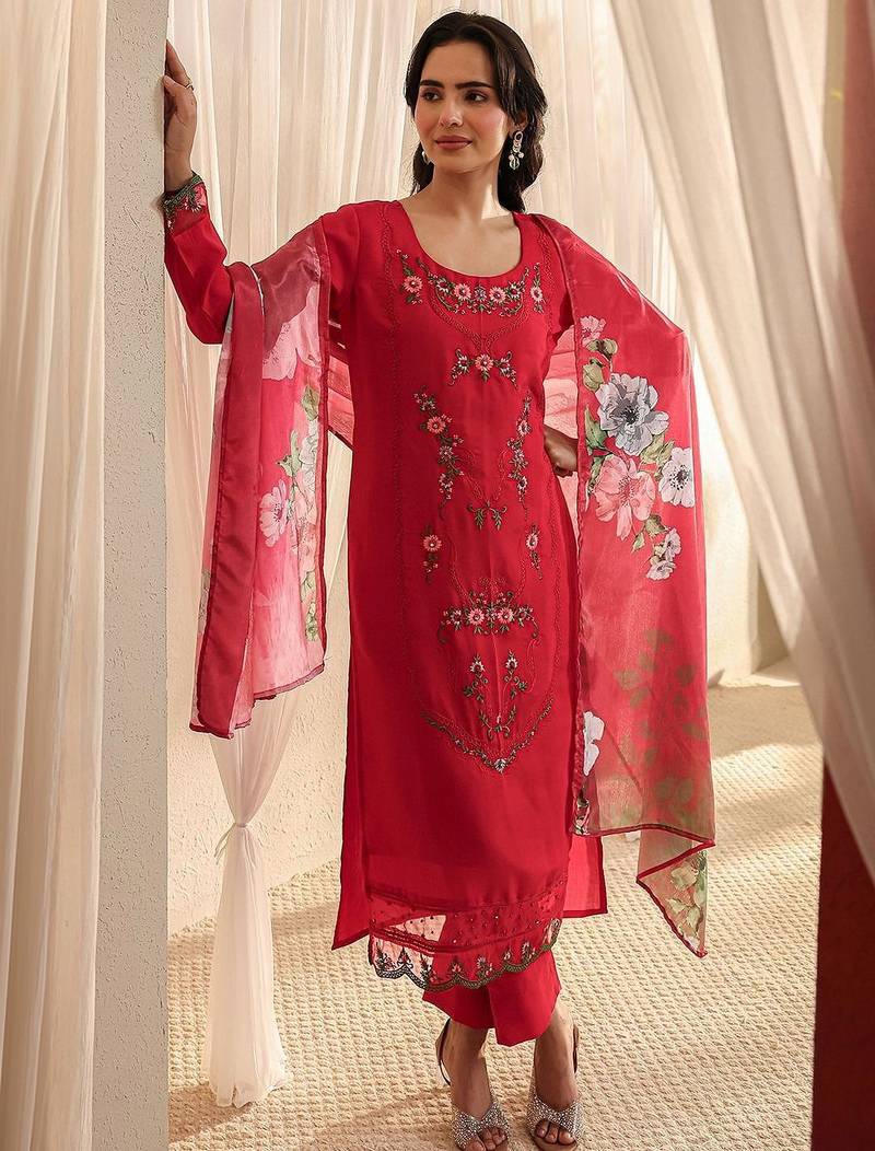 red floral embroidered straight suit set with dupatta