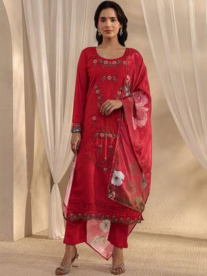 red floral embroidered straight suit set with dupatta 2