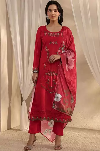 red floral embroidered straight suit set with dupatta