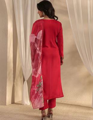 red floral embroidered straight suit set with dupatta 3