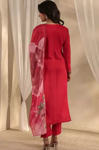 red floral embroidered straight suit set with dupatta