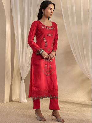 red floral embroidered straight suit set with dupatta 4