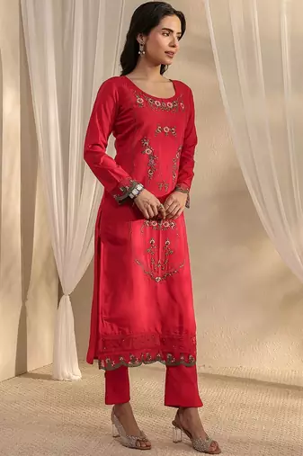red floral embroidered straight suit set with dupatta