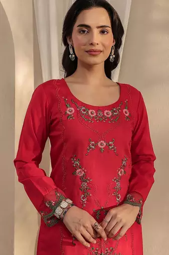 red floral embroidered straight suit set with dupatta