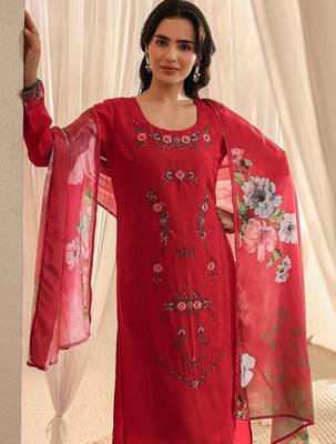 red floral embroidered straight suit set with dupatta 7