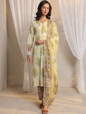 off white floral printed chanderi silk straight suit set with dupatta 1