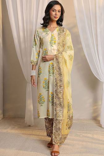 off white floral printed chanderi silk straight suit set with dupatta