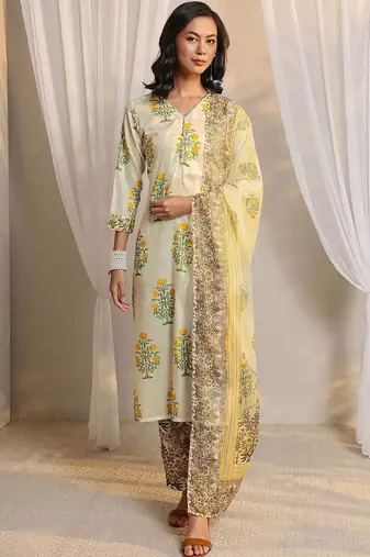 off white floral printed chanderi silk straight suit set with dupatta