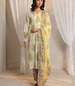 off white floral printed chanderi silk straight suit set with dupatta